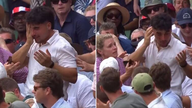 Australia vs West Indies Spectator Bloodied Crowd Sean Abbott Six Hits Him In Face Sydney AUS vs WI Australia vs West Indies: Spectator Left Bleeding In Crowd After Sean Abbott's Six Hits Him In Face