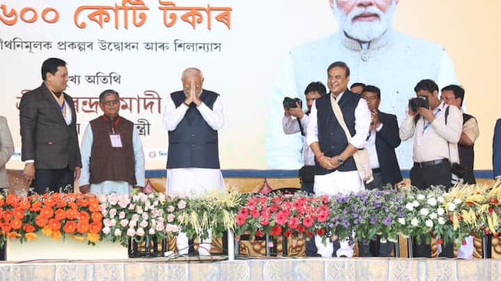 PM Modi received a rousing welcome from people in Khanapara in Assam as he unveiled a host of projects on his two-day visit to the state.