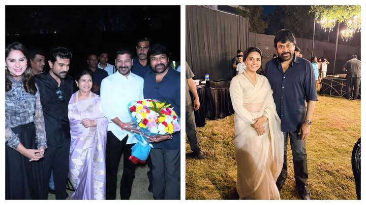 South star Ram Charan and his wife Upasana hosted a party on Saturday in honour of his father megastar Chiranjeevi as he was recently bestowed with the Padma Vibhushan.