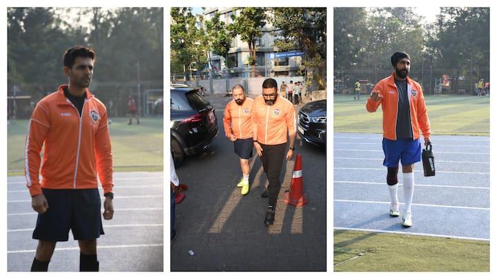 Kartik Aaryan, Abhishek Bachchan, Raj Kundra and Zaid Darbar were spotted at the FC football match.