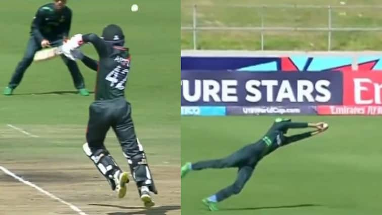 Under 19 World Cup 2024 pakistan fielder shamyl hussain take stunner catch watch viral video Watch: चीते की तरह झपटी गेंद, पाकिस्तानी खिलाड़ी ने अंडर-19 वर्ल्ड कप का पकड़ा बेहतरीन कैच!