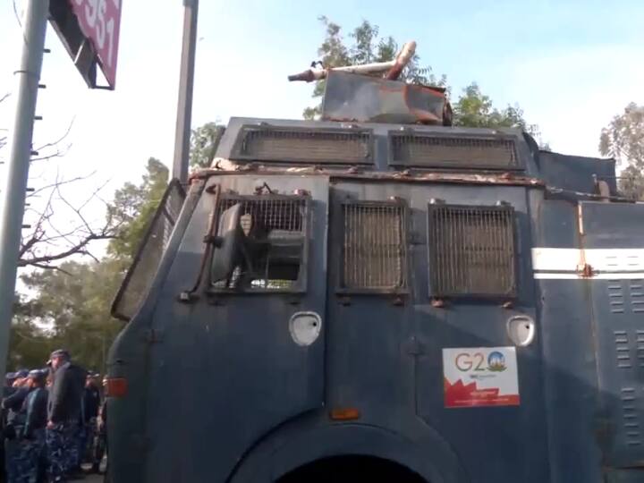 Water cannon truck parked at the Delhi-Noida, Chilla border as farmers' stage protest. (Photo: ANI)
