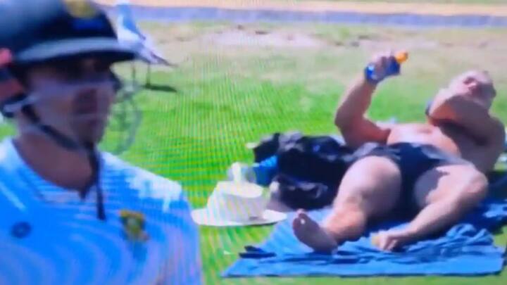 NZ vs SA Commentators Cannot Keep Calm Fan Applying Sunscreen All Over Shirtless Body New Zealand vs South Africa Caught On Camera Viral Video Commentators Can't Keep Calm As Fan Applying Sunscreen All Over His Shirtless Body Gets Caught On Camera, Video Viral