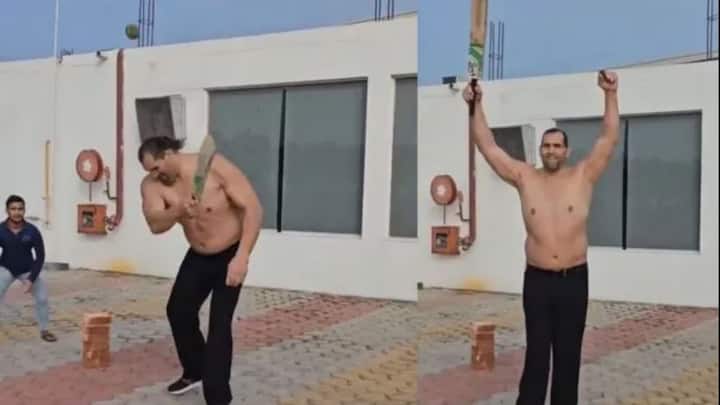 The Great Khali Six Viral Video Cricket WWE Hall Of Fame Watch The Great Khali, WWE Hall Of Famer, Smashes Incredible One-handed Six While Playing Cricket In Viral Video- WATCH