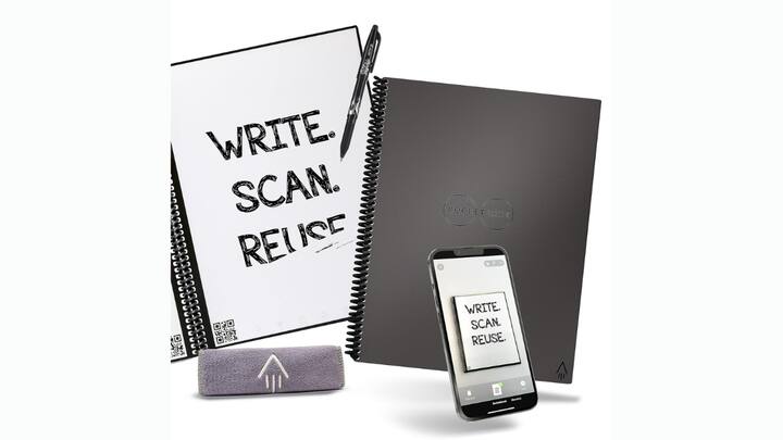 Rocketbook Smart Reusable Notebook [Price: Rs 5,736]: It provides an eco-friendly note-taking solution with a dotted grid format, Pilot Frixion pen, and a deep space grey cover. Its standout feature is reusability, allowing easy erasure with a damp cloth for limitless use. Scanning pages with the Rocketbook app enables digitization and storage in cloud services for seamless access. (Image Source: Rocketbook)