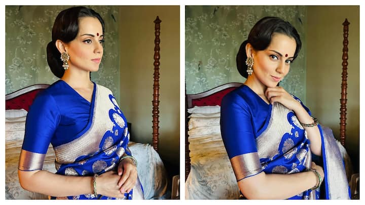 Kangana Ranaut posted photos in a royal blue and golden saree on Instagram on Saturday.