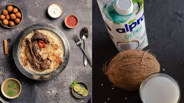 அந்த கலவை ஒரு கொதி வந்ததும் அரிசியை கழுவிக் கொட்டவும். பிரியாணி பாதியளவு வெந்ததும் அதில் எலுமிச்சை சாற்றை விதைகளை நீக்கிப் பிழிந்து விடவும். பின் மீண்டும் தட்டு போட்டு மூடி பிரியாணி உதிரி உதிரியாக வெந்ததும் இறக்கி விடவும். சுவையான தேங்காய் பால் மட்டன் பிரியாணி ரெடி.