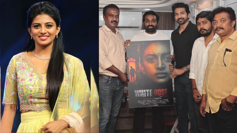 Kayal ananthi fame White Rose movie poster release by vijay sethupathi White Rose: கயல் ஆனந்தி நடிக்கும் ஒயிட் ரோஸ் - போஸ்டரை வெளியிட்ட விஜய்சேதுபதி!