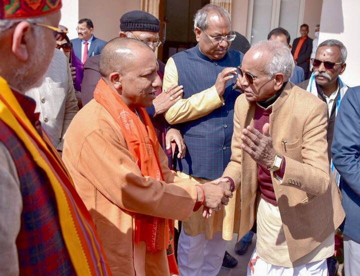 UP CM Yogi Adityanath with General Secretary of Shri Ram Janmabhoomi Teerth Kshetra Trust Champat Rai during a visit to the Ram Temple, in Ayodhya, Sunday (Photo: PTI)