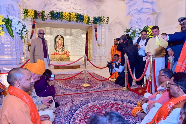 UP CM Yogi Adityanath along with other MLAs offered prayers during the darshan of Ram temple in Ayodhya on Sunday (Photo: PTI)