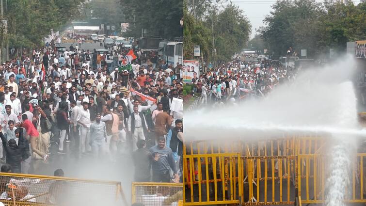 MP Congress Protest Bhopal Police used water cannon on leaders Jeetu Patwari Srinivas BV climbed barricade ann MP News: भोपाल में कांग्रेस का प्रदर्शन, पुलिस ने किया वाटर कैनन का प्रयोग, बैरिकेड पर चढ़ गए जीतू पटवारी