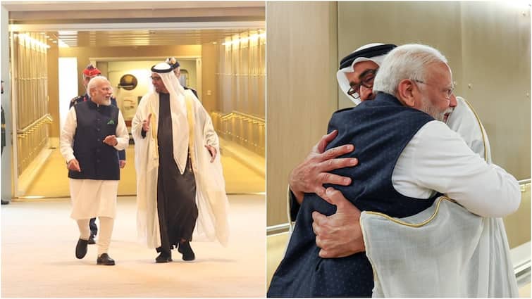 PM Modi In UAE President Mohammed bin Zayed Al Nahyan Abu Dhabi Ahlan Modi BAPS Mandir WATCH PM Modi Receives Warm Welcome From UAE President Nahyan: 'Feels Like Meeting Family' — WATCH