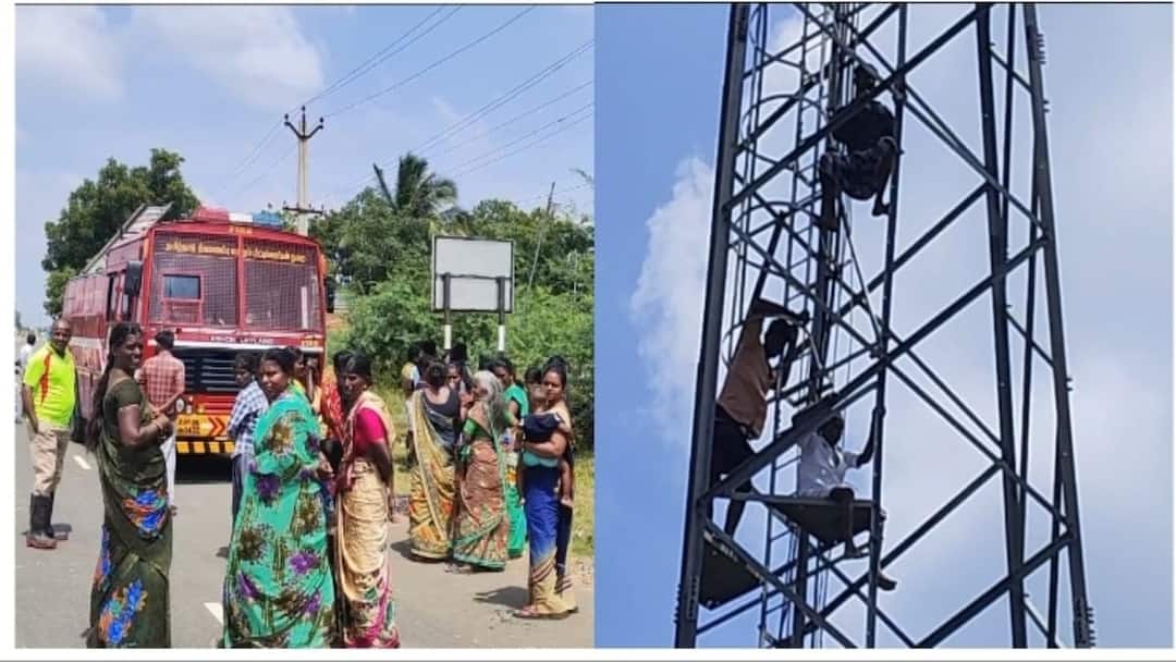 Nellai: Officials came to measure encroachment houses People who fought by climbing the cell phone tower - TNN Nellai: ஆக்கிரமிப்பு வீடுகளை அளவீடு செய்ய வந்த அதிகாரிகள்..! செல்போன் கோபுரத்தில் ஏறி போராடிய மக்கள்..!