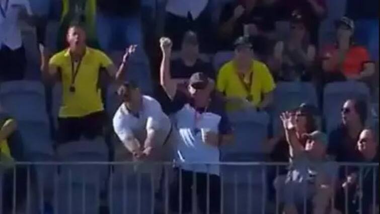 Fan Grabs One Handed Stunner While Holding Drink Rutherford Smashes Six AUS vs WI 3rd T20I WATCH Viral Video Fan Grabs One-Handed Stunner While Holding Drink As Rutherford Smashes Six During AUS vs WI 3rd T20I- WATCH