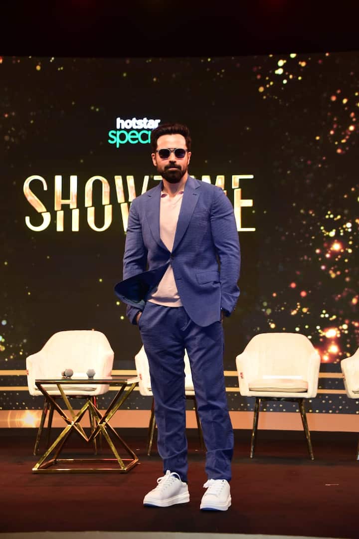 Emraan Hashmi looked suave in a nude t-shirt and blue pantsuit paired with white sneakers and stylish black sunglasses.