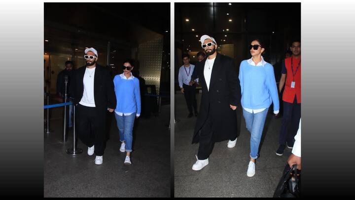 Deepika-Ranveer Pics: दीपिका पादुकोण और रणवीर सिंह बॉलीवुड के पॉवर कपल माने जाते हैं. बीती रात इस जोड़ी को एयरपोर्ट पर एक दूसरे का हाथ थामे हुए स्पॉट किया गया.