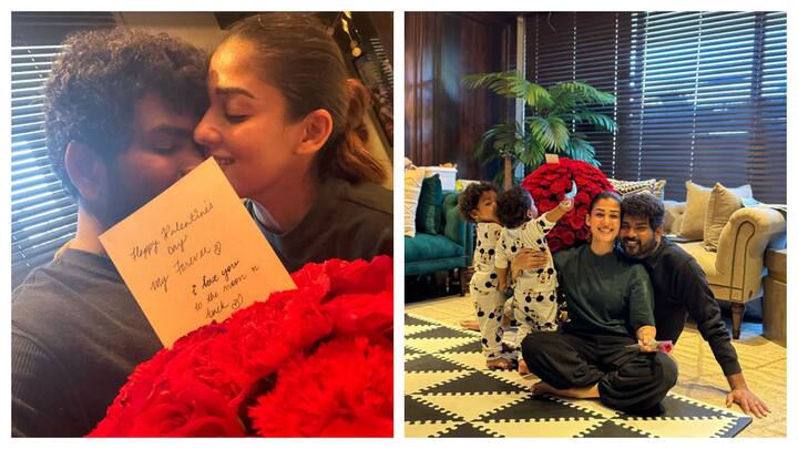 Vignesh Shivan posted pictures with his wife and actor Nayanthara and their kids on Valentine's Day.