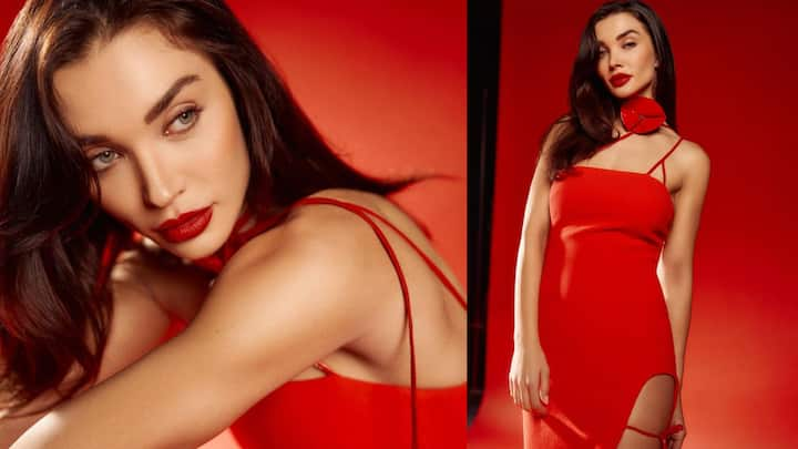 Check out Amy Jackson's captivating pictures in a red midi dress.