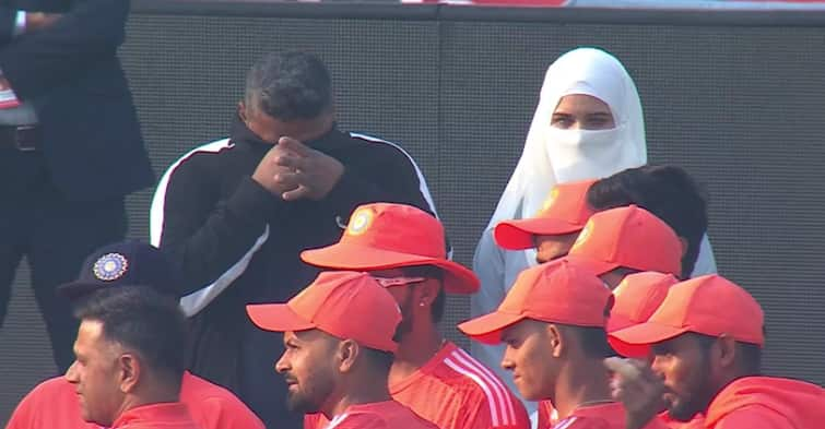 Sarfaraz Khan Father Tears Viral video pics Sarfaraz Receives Indian Test Cap Sarfaraz Khan's Father In Tears As Son Receives Indian Test Cap