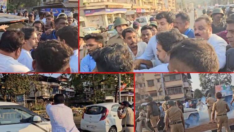 Bhaskar Jadhav and BJP Leader Nilesh Rane workers scuffle in Chiplun Maharashtra Nilesh Rane: दगडफेक होताच निलेश राणे तावातावाने गाडीतून उतरले, चिपळूणमध्ये भास्कर जाधवांच्या कार्यालयासमोर नेमकं काय घडलं?