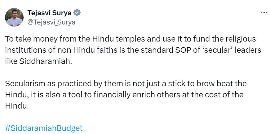 Take Money From Hindu Temples For Non-Hindu Faiths': Tejasvi Surya On Karnataka Budget