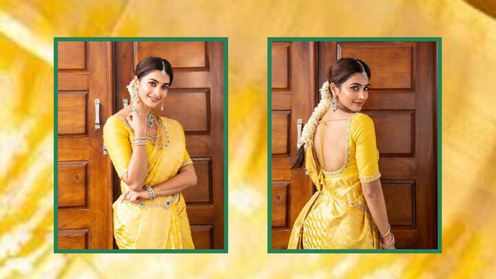 Pooja Hegde Photos : நடிகை பூஜா ஹெக்டேவின் மனதை மயக்கும் மஞ்சள் நிற பட்டுப்புடவை புகைப்படங்களை இங்கே காணலாம்.