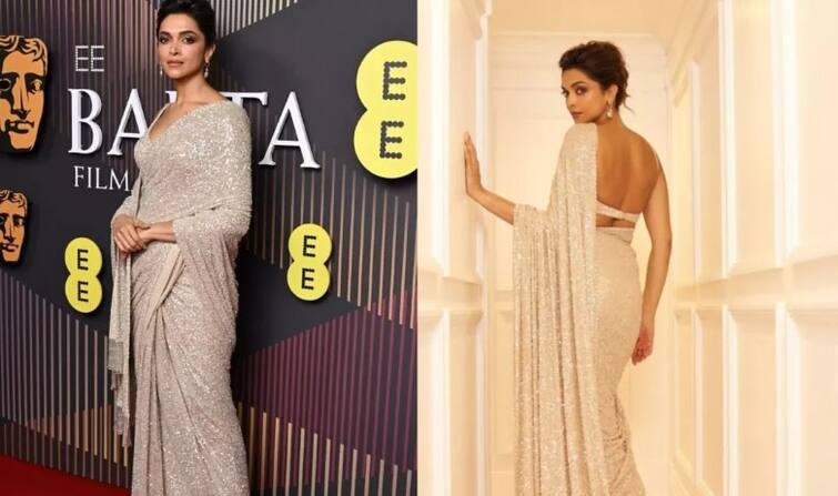 Deepika padukone bafta 2024 look stuns in shimmery golden saree  BAFTA રેડ કાર્પેટમાં Deepika Padukone નો જોવા મળ્યો બોલ્ડ અંદાજ 