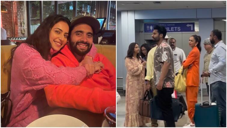 Rakul Preet Singh Jackky Bhagnani arrive at Goa airport for their marriage see video Video: शादी के लिए गोवा पहुंचे रकुल प्रीत और जैकी भगनानी, परिवार संग एयरपोर्ट पर स्पॉट हुए दूल्हा-दुल्हन