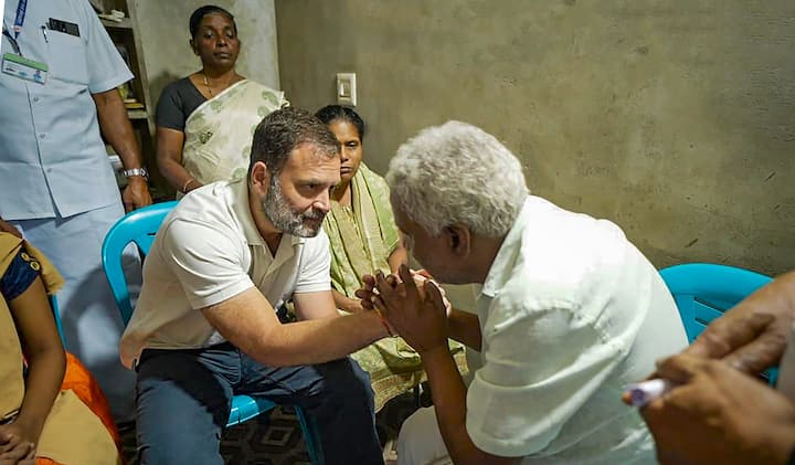 Congress MP Rahul Gandhi meets the family of Ajeesh, Rahul Gandhi abruptly halted his 'Bharat Jodo Nyay Yatra' in Varanasi and left for his Lok Sabha constituency Wayanad in Kerala on Sunday.