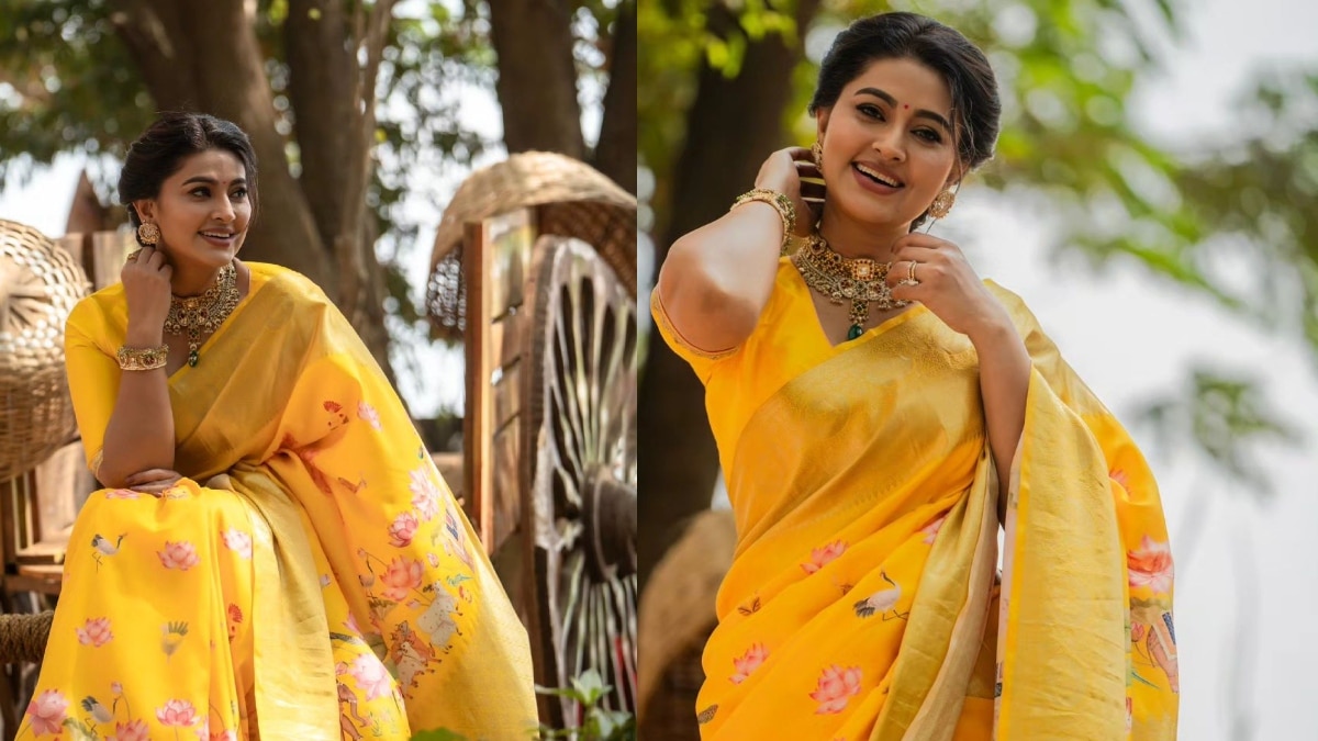 IN PICS Sneha Yellow saree Photos Sneha models for her own saree brand snehalaya silks | Sneha Saree Photos : சொந்த பிராண்டிற்கு மாடலிங் செய்து வரும் நடிகை சினேகா!