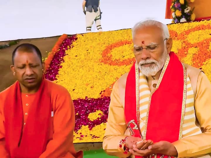 PM Modi sitting next to Uttar Pradesh Chief Minister Yogi Adityanath during the foundation stone laying ceremony of Shri Kalki Dham at Ainchoda Kamboh in Sambhal. (Photo: PTI)