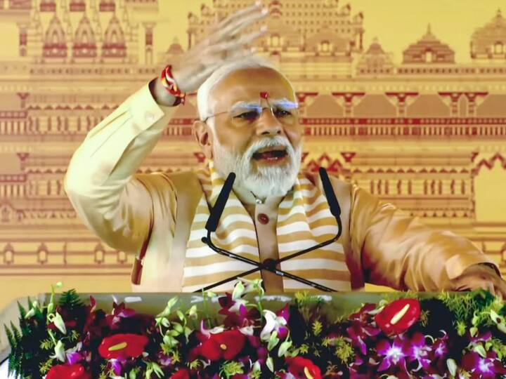 The prime minister addresses the gathering during the foundation stone laying ceremony of Shri Kalki Dham at Ainchoda Kamboh in Sambhal. (Photo: PTI)