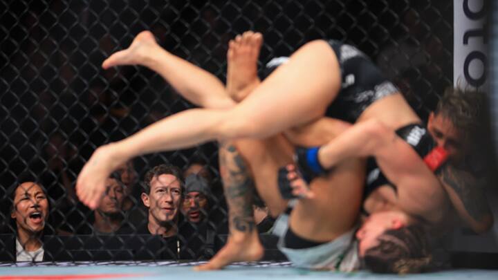 Mark Zuckerberg looks on as Amanda Lemos of Brazil grapples with Mackenzie Dern in their women's strawweight fight during UFC 298 at Honda Center on February 17, 2024, in Anaheim, California. (Image Source: Getty)
