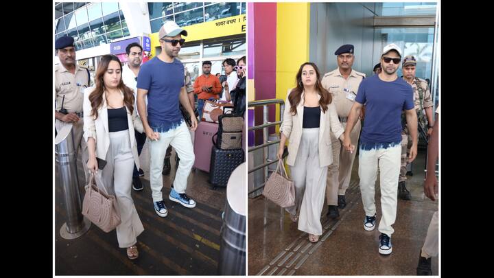 Parents-to-be Varun Dhawan and wife Natasha Dalal were spotted at the Mumbai airport on Monday.