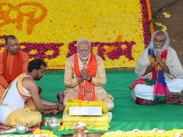 The prime minister participates in the foundation stone laying ceremony of Shri Kalki Dham at Ainchoda Kamboh in Sambhal. (Photo: X/@narendramodi)