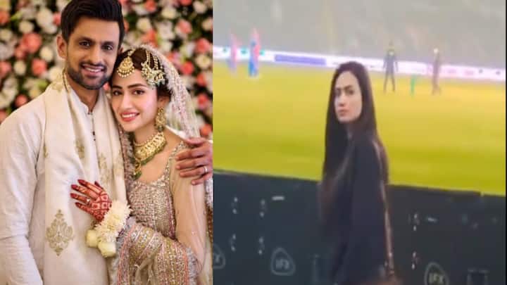Shoaib Maliks Wife Sana Javed Mocked By Pakistan Fans With Sania Mirza Chants During PSL 2024 Watch video Sania Mirza Sana Javed  : PSL मध्ये सना जावेदला पाहून सानिया मिर्झाच्या घोषणा; अभिनेत्रीने दिलेल्या 'लूक'चा व्हिडीओ व्हायरल