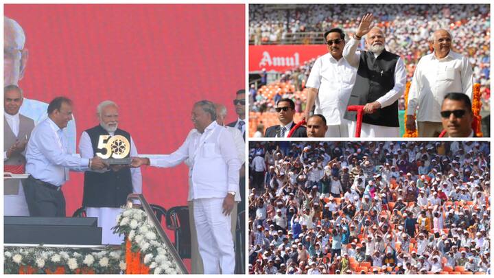 Prime Minister Narendra Modi on Thursday participated at the Golden Jubilee celebrations Gujarat Cooperative Milk Marketing Federation in Ahmedabad. He was also joined by the CM Bhupendra Patel.