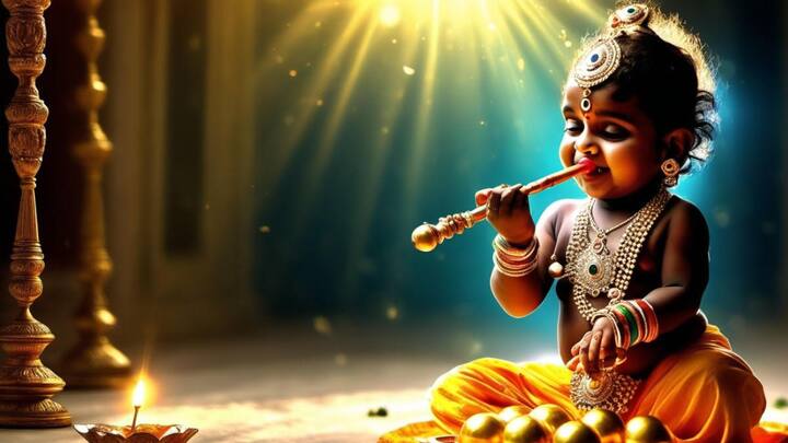 इन तस्वीरों को बाल कृष्ण को महज एक साल का दिखाया गया है. जहां वो अपनी मुरली से खेल रहे हैं.