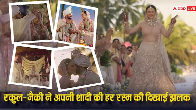 Rakul Preet Jackky Bhagnani  Wedding Couple shate their marriage inside video of haldi sngeet to saat phere Watch: मेहंदी-हल्दी से सात फेरों और सिंदूरदान तक, रकुल-जैकी ने अपनी शादी की हर रस्म की दिखाई झलक