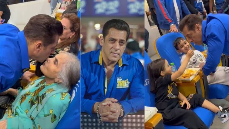 Salman Khan mom Sushila Charak kisses him, niece Ayat feeds him fries at Sharjah CCL event Salman Khan: ছেলের গালে স্নেহের চুম্বন সলমনের মায়ের, মামাকে খাইয়ে দিল পুঁচকে আয়াত, CCL-এর প্রথম দিনের ভিডিও ভাইরাল