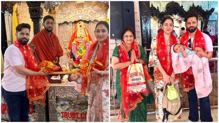 Disha Parmar And Rahul Vaidya Seek Blessing At The Mahalakshmi Jagdamba Temple with Baby Navya Rahul और Disha ने बेटी को कराए महालक्ष्मी जगदम्बा मंदिर के दर्शन, गौ माता संग खेलती नजर आईं नन्हीं नव्या