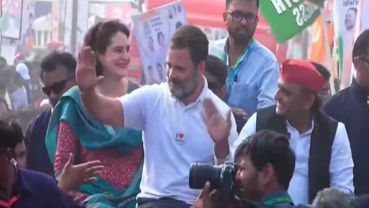 Akhilesh Yadav Joins Rahul Gandhi Yatra Days After Samajwadi Congress Seat Sharing Deal ராகுல் காந்தி, பிரியங்கா காந்தியுடன் கைகோர்த்த அகிலேஷ் யாதவ் - உ.பி-யை அதிரவிட்ட யாத்திரை!