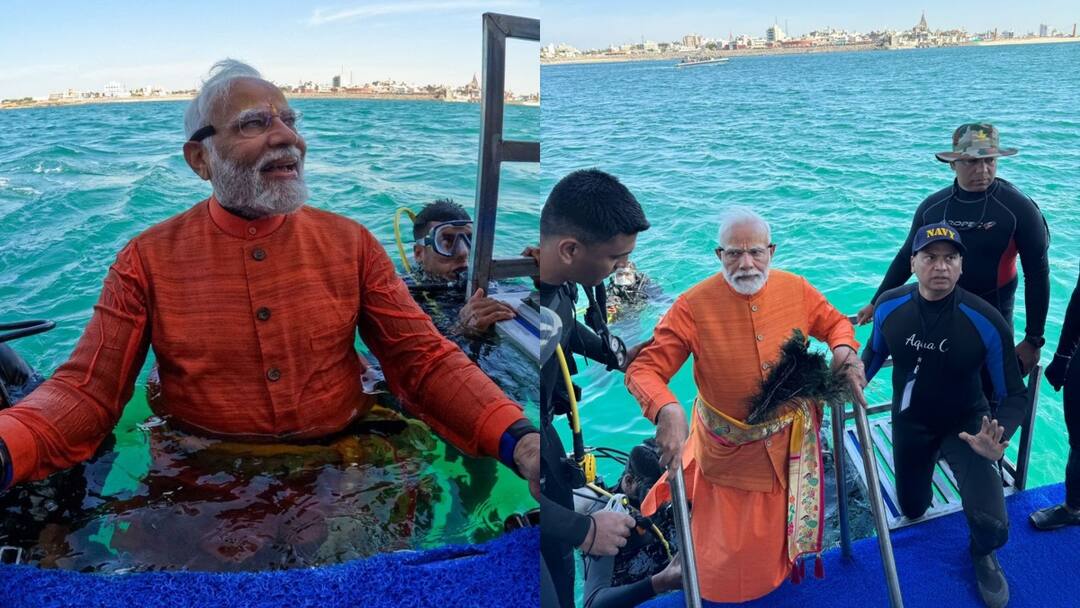 PM Modi: ''ஹரே கிருஷ்ணா' கடலுக்கு அடியில் பூஜை! துவாரகையில் வழிபாடு செய்தார் பிரதமர் மோடி! PM Modi went underwater in the deep sea and prayed at the site where the submerged city of Dwarka PM Modi: ''ஹரே கிருஷ்ணா' கடலுக்கு அடியில் பூஜை! துவாரகையில் வழிபாடு செய்தார் பிரதமர் மோடி!