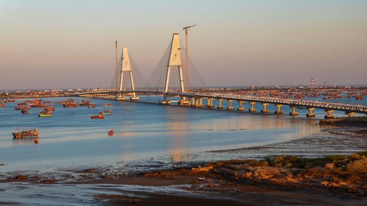 The 2.32 km long bridge is said to be India's longest cable-stayed bridge and will connect Okhla Mainland and Beyt Dwarka island in Gujarat. (Source: PTI)