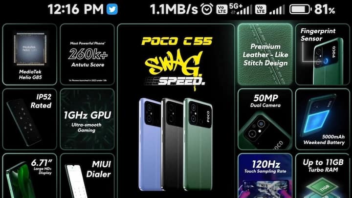 इस लिस्ट में पांचवें स्मार्टफोन का नाम Poco C55 है. इस फोन की कीमत 5,999 रुपये से शुरू होती है. इसमें यूज़र्स को 6.71 इंच की एचडी प्लस स्क्रीन, 50MP डुअल रियर कैमरा, Helio G85 चिपसेट और 10W की फास्ट चार्जिंग सपोर्ट के साथ 5000mAh की बैटरी मिलती है.