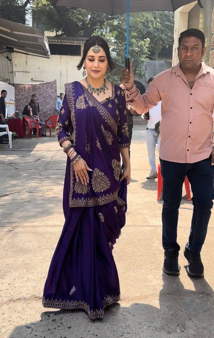 Madhuri wore a purple saree with gold zari embellishments and embroidered borders.