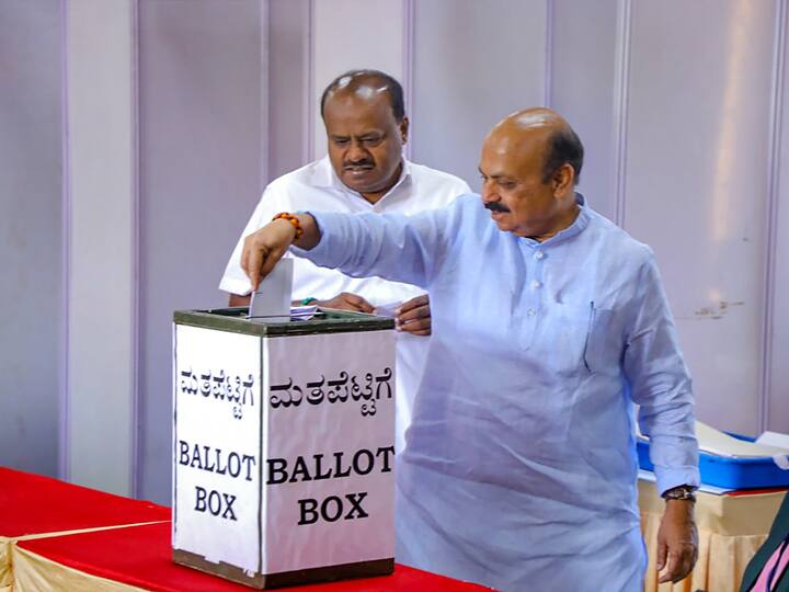 Former Karnataka chief minister Basavaraj Bommai casts his vote for the Rajya Sabha elections, in Bengaluru. Voting began Tuesday at 9 AM and will go on till 4 PM. The counting will start from 5 PM. (Photo: PTI)