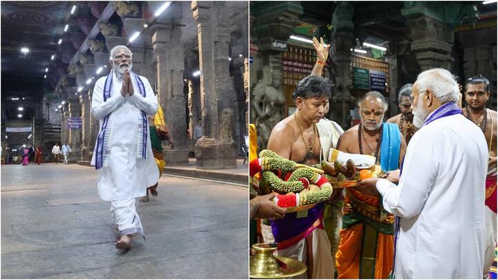 Prime Minister Narendra Modi visited the renowned Meenakshi Sundareswarar temple in Tamil Nadu's Madurai in the evening and offered prayers.