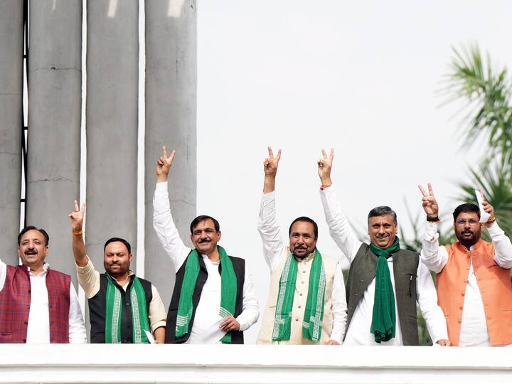 RLD MLAs take a photo before casting their votes for the Rajya Sabha elections. (Photo: PTI)