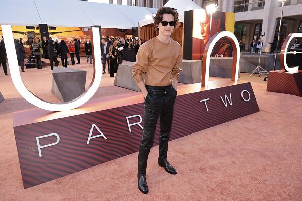 Timothee appeared in an all-leather earth-tone ensemble. He enhanced his look with black shades.